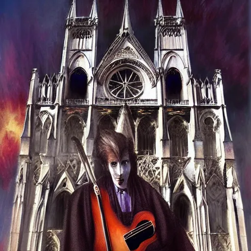 Image similar to Hyperrealistic Count Dracula playing a Gibson electric guitar in front of a gothic cathedral, by Antonio Caparo, Ferdinand Knab, Greg Rutkowski, Amano, and Karol Bak UHD, vivid colors, photorealistic trending on artstation