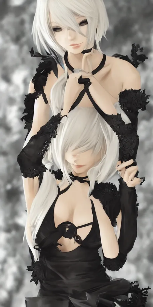 Image similar to 2b Nier Automata, Black lace clothing, blonde hair, attractive woman