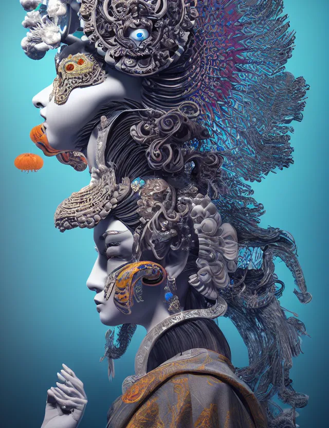 Image similar to 3 d goddess in robe close - up profile portrait with ram skull. beautiful intricately detailed japanese crow kitsune mask and clasical japanese kimono. betta fish, jellyfish phoenix, bio luminescent, plasma, ice, water, wind, creature, artwork by tooth wu and wlop and beeple and greg rutkowski