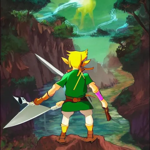 Image similar to beautiful illustration of link from ocarina of time in the style of studio ghibli, colorful, fantasy, anime