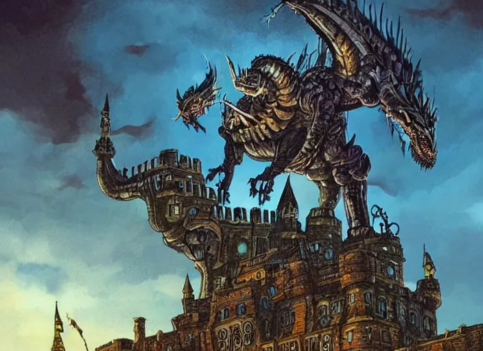 Image similar to intricate fantasy comic book drawing of a giant mechanical dragon over a castle by dariusz zawadski and simon stalenhag, simon bisley, jack kirby and gris grimly, cinematic, epic, awesome color palette