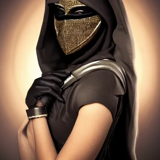 Image similar to sci - fi, fantasy arabian woman with mask, portrait photo, studio light, hdr, commercial shot, dark background, futuristic, luxury