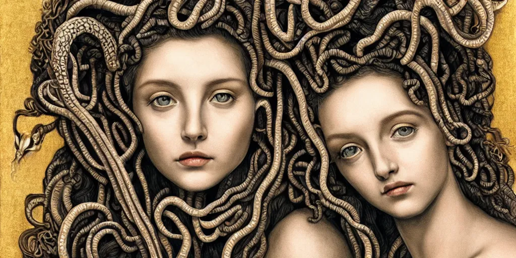 Image similar to realistic portrait of beautiful medusa with her snakes, golden, delicate, facing camera, hyper realism, 1 4 5 0, ink, ultra realistic, 8 k