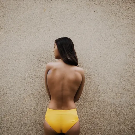 Prompt: a woman posing, brown hair, yellow skin, wearing a bikini, backlit, photo by Marat Safin, Canon EOS R3, f/1.4, ISO 200, 1/160s, 8K, RAW, unedited, symmetrical balance, in-frame