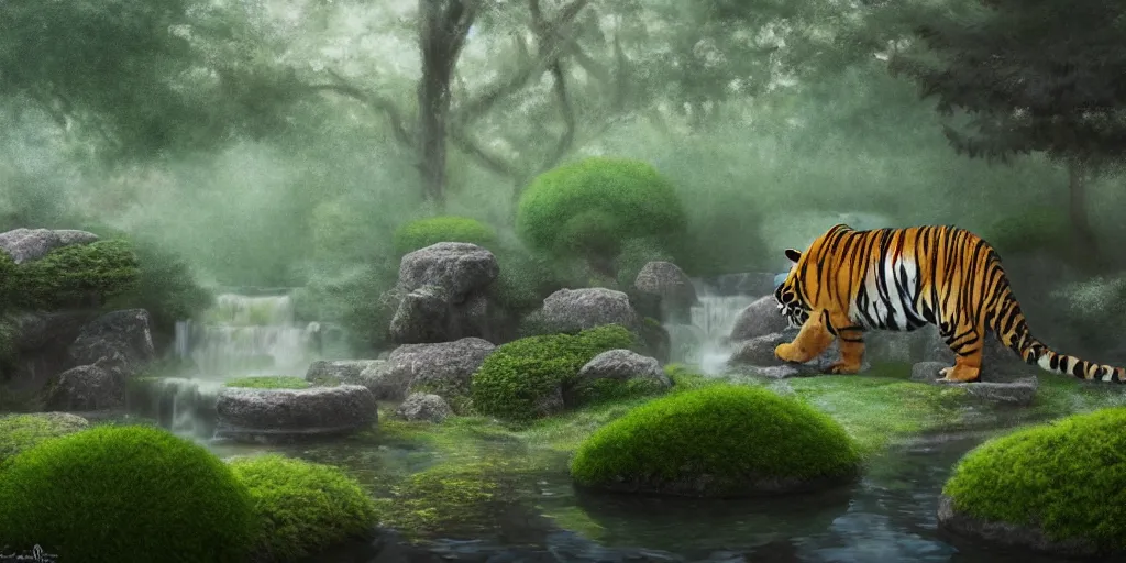 Prompt: a tiger in a Japanese garden, mist, cinematic lighting, detailed oil painting, hyperrealistic, 8k