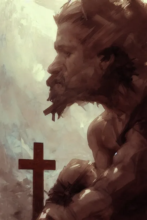 Image similar to man kneeling at the foot of a wooden cross, dramatic lighting art by Yoji Shinkawa by Richard Schmid by greg rutkowski by Sandra Chevrier by Jeremy Lipking cinematic dramatic, by frank miller, illustration by Ruan Jia and Mandy Jurgens and William-Adolphe Bouguereau, Artgerm, 4k, digital art, surreal, space dandy style, highly detailed, godsend, artstation, digital painting, concept art, smooth, sharp focus, illustration by Ruan Jia and Mandy Jurgens and William-Adolphe Bouguereau, Artgerm