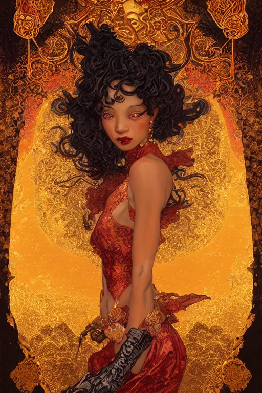 Image similar to tarot card artstation, portrait of a black love dancer, sunrise, baroque ornamnet and rococo ornament, ancient chinese ornate, hyperdetailed, beautiful lighting, craig mullins, mucha, klimt, yoshitaka amano, red and gold and orange color palatte