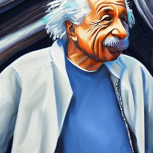 Image similar to einstein wearing a cool hoodie, talking in front of 1 0 0 0 people, detail oil painting