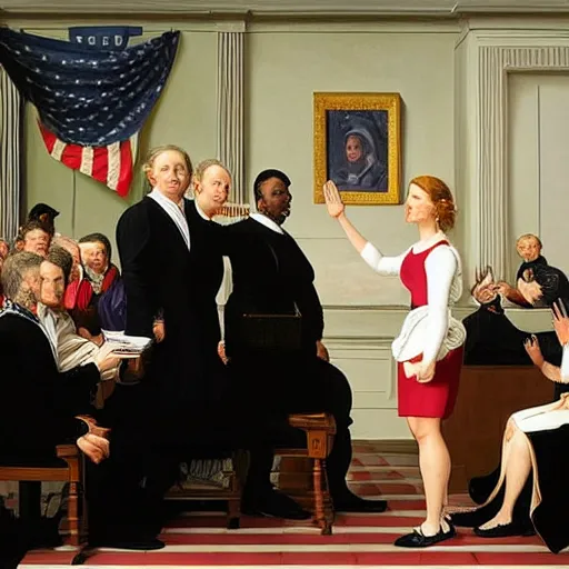 Prompt: (((hyperdetailed elaborate minimalist photorealistic portrait of))) Leslie Knope taking the oath of office as president of the united states in the style of Caravaggio