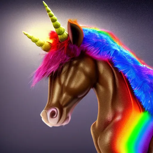 Image similar to full body pose, hyperrealistic photograph of a cute fuzzy rainbow unicorn, dim volumetric lighting, 8 k, octane beautifully detailed render, extremely hyper detailed, intricate, epic composition, cinematic lighting, masterpiece, trending on artstation, very very detailed, stunning, hdr, smooth, sharp focus, high resolution, award, winning photo, dslr, 5 0 mm