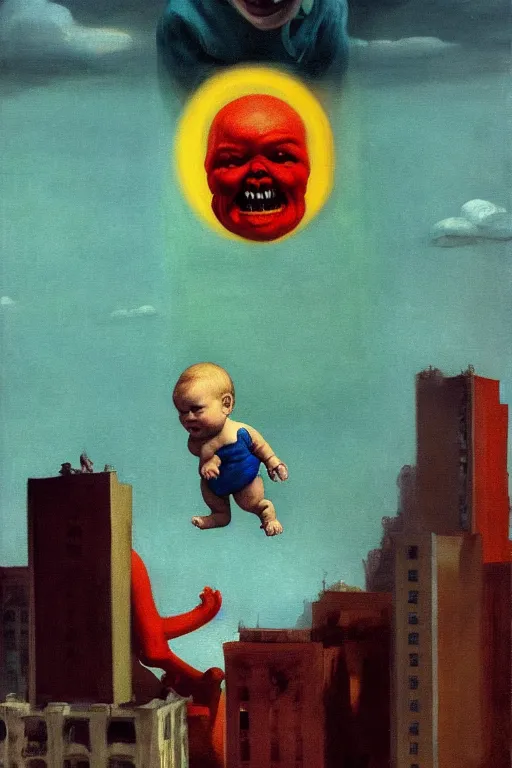 Prompt: evil human giant baby in huggies, grows up to the sky, against the backdrop of destroyed high - rise building, hauntingly surreal, highly detailed painting by francis bacon, edward hopper, adrian ghenie, gerhard richter, and james jean soft light 4 k,