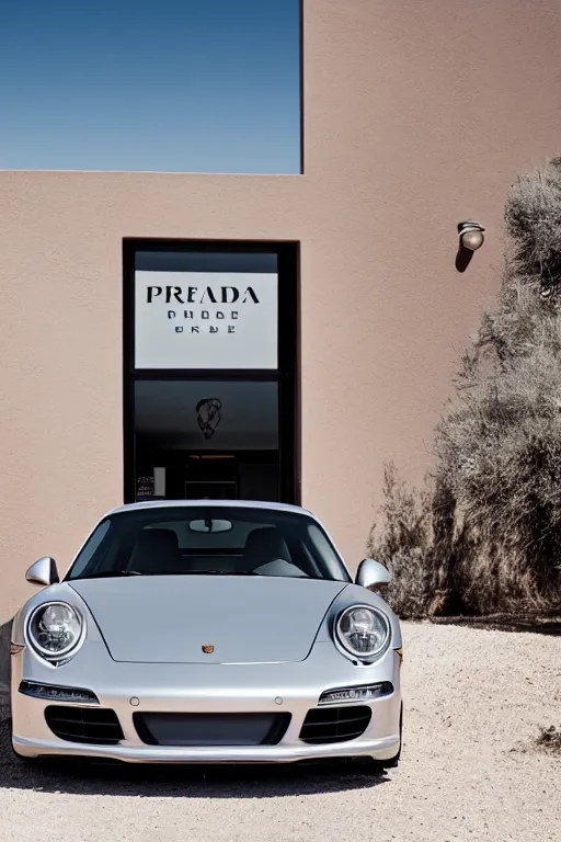 Image similar to Photo of a silver Porsche 911 Carrera 3.2 parked in front of a Prada Store in the desert, daylight, award winning, high resolution, well composed, cinematic.