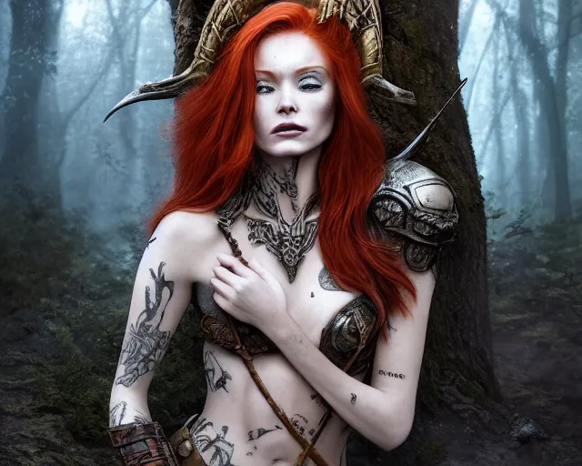 Image similar to 5 5 mm portrait photo of an armored gorgeous anesthetic redhead woman warrior with a face tattoo and horns growing from her head, and small dragon sitting on her shoulder in a magical forest in the style of stefan kostic, art by luis royo. highly detailed 8 k. intricate. lifelike. soft light. nikon d 8 5 0. cinematic post - processing