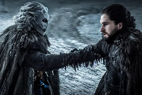 Image similar to very very intricate photorealistic photo of jon snow fighting the night king, photo is in focus with detailed atmospheric lighting, award - winning details