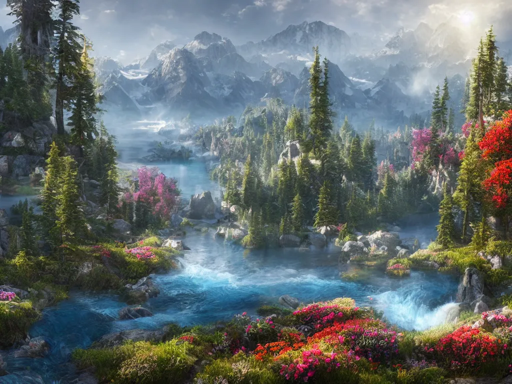 Image similar to a epic view of a mountainous lake, forest, flowers, concept art, trending on, very detailed, unreal engine, 4 k, photoreal, volumetric lighting, light rays, epic composition, warm colors, angelic