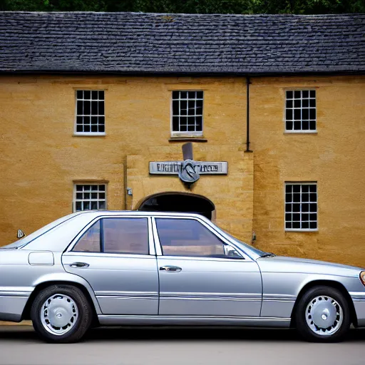 Image similar to award winning photograph of Princess Diana next to a silver Mercedes-Benz W140, Nikon D810, Sigma 35mm ƒ/2.5, award-winning, beautiful, photorealistic, detailed,