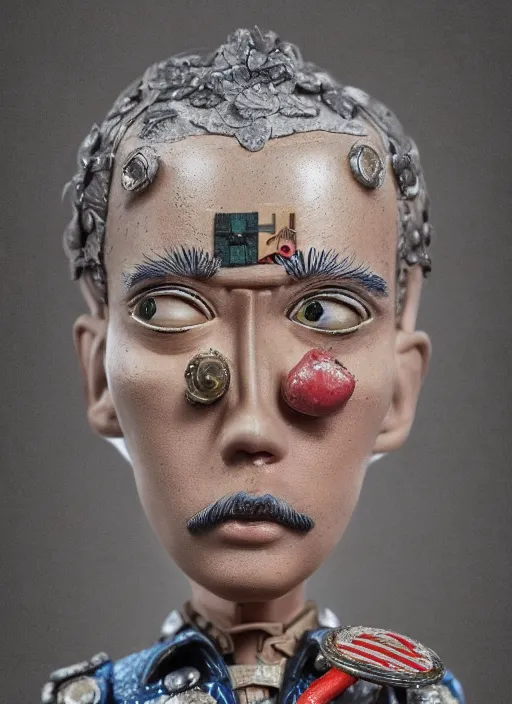 Image similar to closeup face profile portrait of tin toy army general, depth of field, zeiss lens, detailed, symmetrical, centered, fashion photoshoot, by nicoletta ceccoli, mark ryden, lostfish, breathtaking, 8 k resolution, extremely detailed, beautiful, establishing shot, artistic, hyperrealistic, octane render