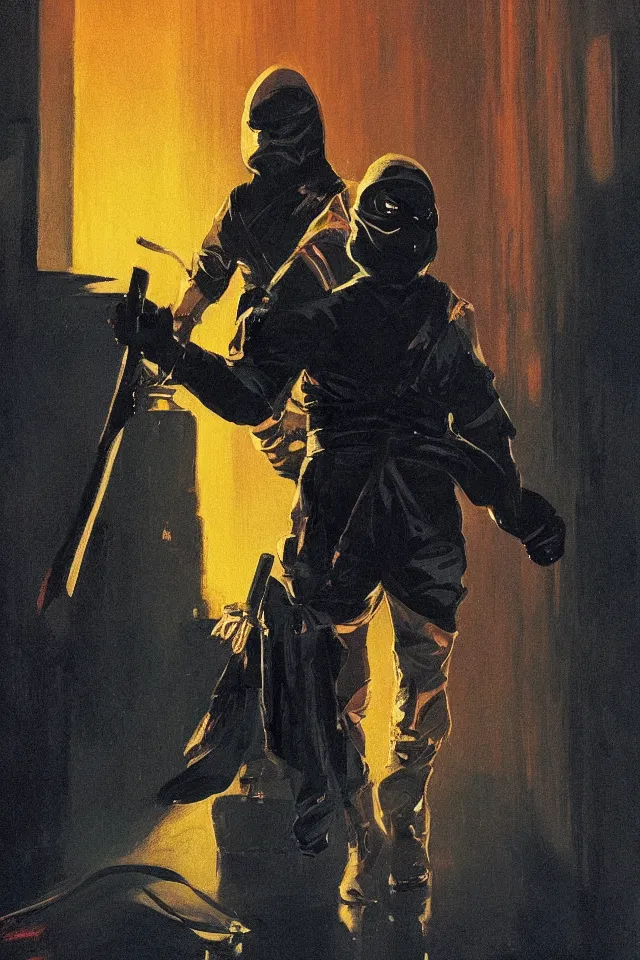 Image similar to character design, portrait, ninja, by syd mead, roger deakins, atmospheric neon rain at night, symmetry