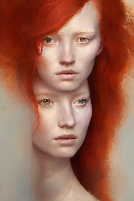 Image similar to of beautiful redhead female, beauty portrait by greg rutkowski, hilma af klint, moebius, victo ngai, sharp focus, global illumination, highly detailed, masterpiece, award winning, post processing