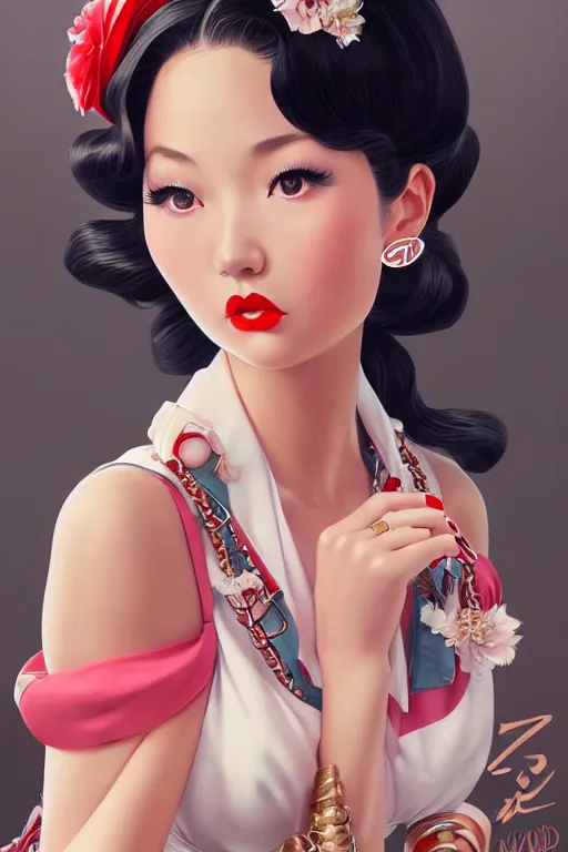 Image similar to a vintage pin up and beautiful fashion dreamlke japan girl with lv jewelry, character art, art by artgerm and wlop and and ilya kuvshinov, hyperdetailed, 8 k realistic, symmetrical,, frostbite 3 engine, cryengine, dof, trending on artstation, digital art, chanel, dior, fantasy background