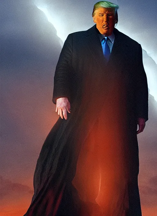 Image similar to Donald trump as Vladimir Harkonnen, photorealistic, dramatic lighting, background is dark cathedral, hyper realistic