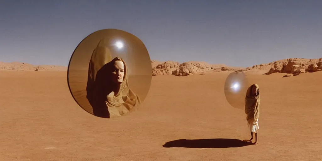 Image similar to levitating bene gesserit with full - face golden mask in a dry rocky desert landscape, visible sky and sunny atmosphere, fata morgana and giant mirrors by alejandro jodorowsky, anamorphic lens, kodakchrome, practical effects, masterpiece, 8 k