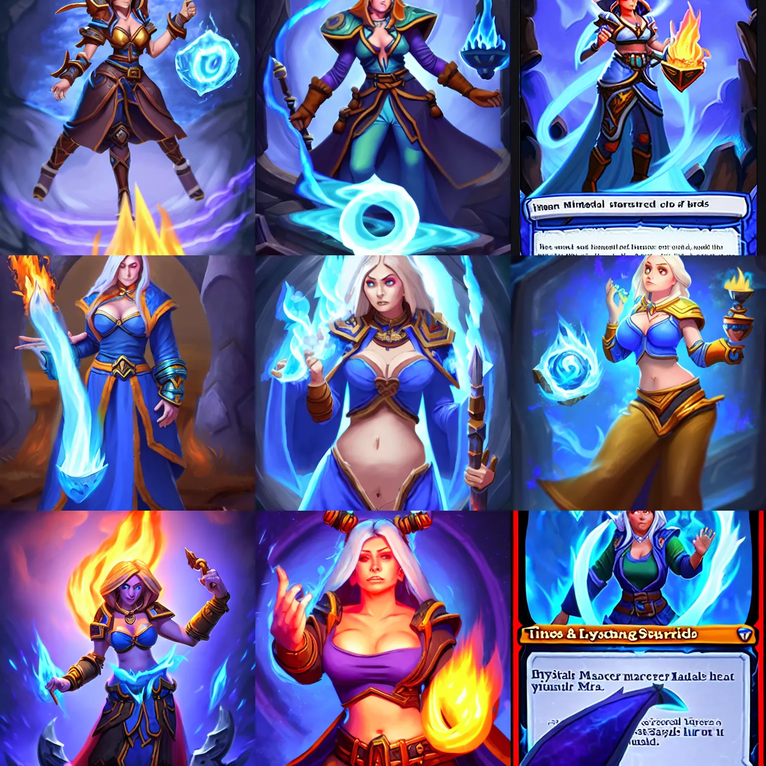 Prompt: Physical : tinyest midriff ever, largest haunches ever, fullest body, small head, SFW huge breasts; Who : a female mage with a blue robe casting a fire spell; Hugely important : Hearthstone official splash art, SFW, perfect master piece, award winning