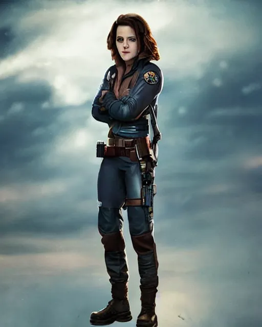 Image similar to kristen stewart ( from twilight ) portraying a beautiful jaina solo from star wars legends, beautiful kristen stewart jaina solo as a rogue squadron pilot, without lightsaber, movie, hyper realistic, hollywood promotional image, imax, 8 k