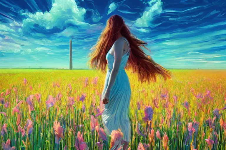 Image similar to giant gladiola head, girl walking in field of flowers, surreal photography, sunrise, blue sky, dramatic light, impressionist painting, digital painting, artstation, simon stalenhag