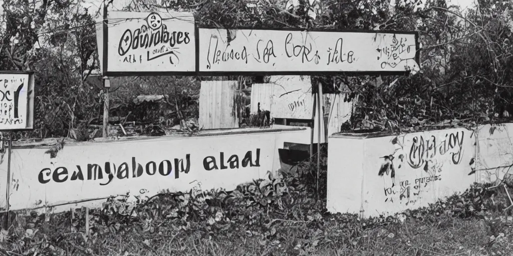 Image similar to an abandoned salad bar from the 6 0 s, the sign features several fruits along with a cornucopia and the words salad bar