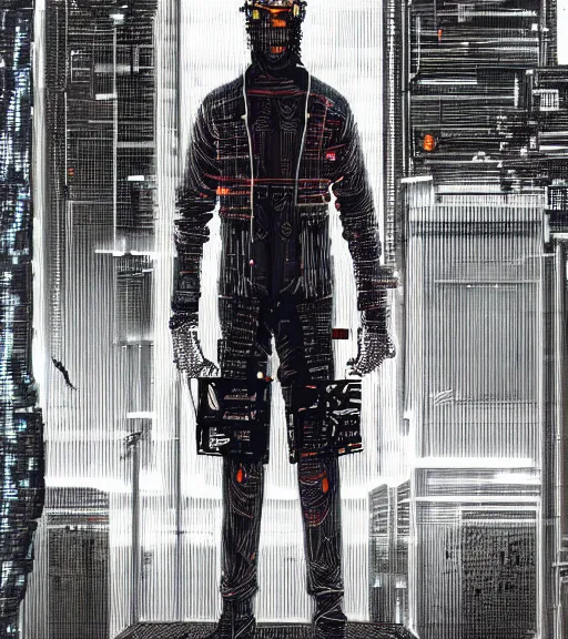 Prompt: a cyberpunk man with a glitching face, techwear, Industrial Scifi, detailed illustration, character portrait, by Martin Grip and Moebius