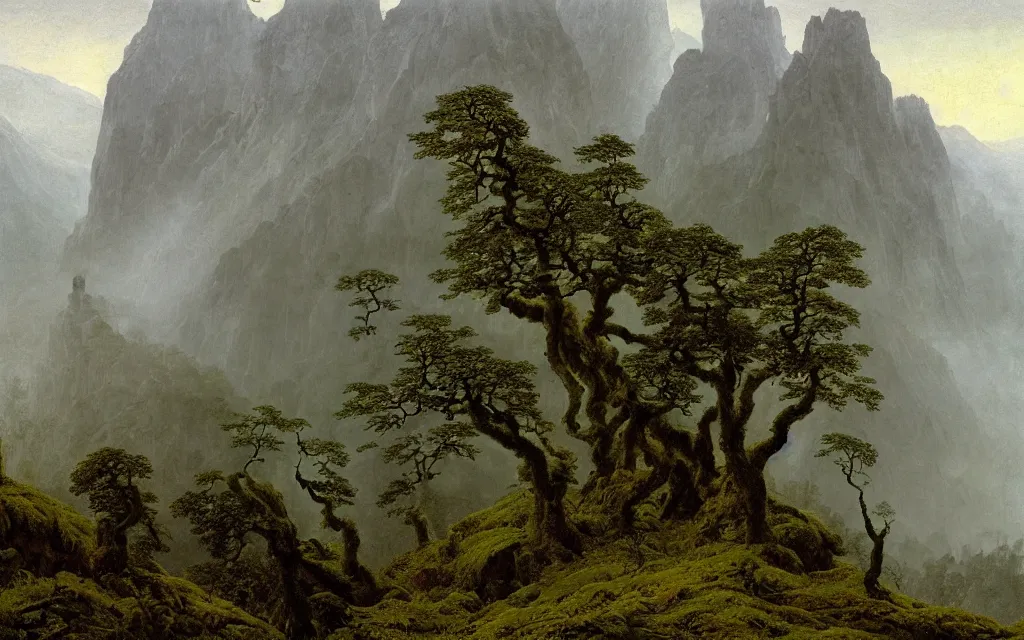 Image similar to valley of berchtesgaden, a gnarly old oak in a shroud of mist and ruins, covered by moss, by caspar david friedrich