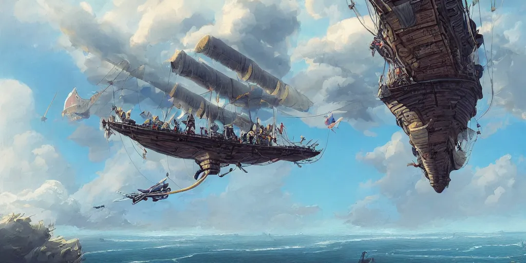 Prompt: a large 1 8 th century pirate airship flying among the clouds, soaring through the sky, airship, digital art, pirate ship, vivid colors, artgerm, james gilleard, beautiful, highly detailed, intricate, trending on art station