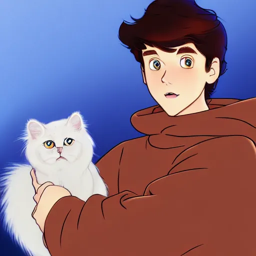 Image similar to teen boy with brown hair and big blue eyes, wearing a hoodie, holding fluffy white persian cat, natural lighting, path traced, highly detailed, high quality, cartoon, digital painting, by don bluth and ross tran and studio ghibli and alphonse mucha