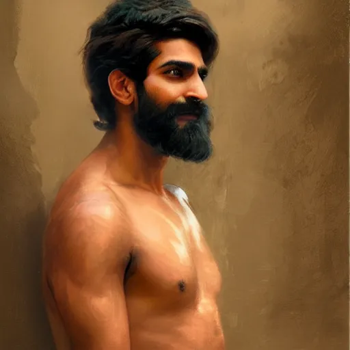 Prompt: detailed realistic cinematic wide shot of beautiful attractive indian man with beard and great haircut blue bath robe slim face symettrical face clean skin black eyes black robe smooth, sharp focus, ultra realistic, spring light, painting by gaston bussiere, craig mullins, j. c. leyendecker