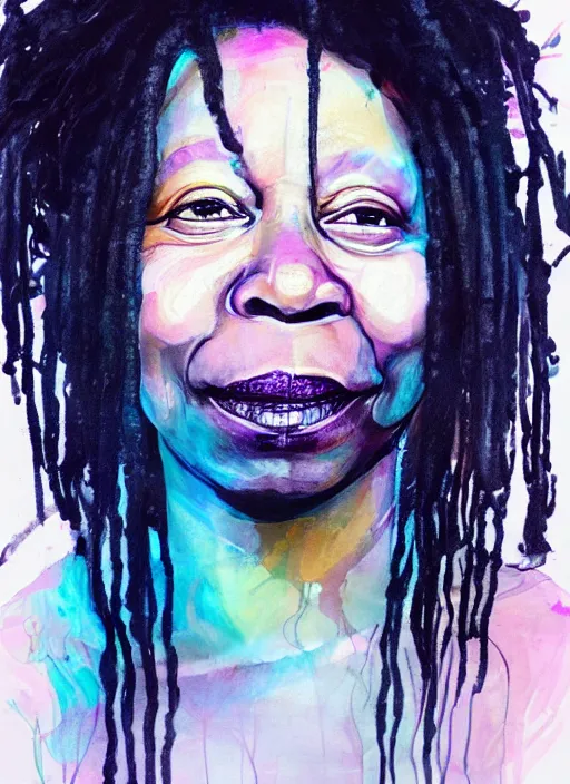 Image similar to whoopi goldberg by agnes cecile, luminous design, pastel colours, ink drips, autumn lights