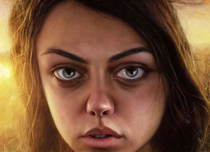 Image similar to big-eyed surprised Mila Kunis staring intensely into the camera, sundown golden hour firefly wisps, Lilia Alvarado, Sophie Anderson, Mark Arian, Bob Byerley, Charlie Bowater, Mark Brooks, Steve Henderson, Justin Gerard, Arthur Hughes, Edward Robert Hughes, Mark Keathley, Victor Nizovtsev, Carlos Shwabe, Ross Tran, WLOP