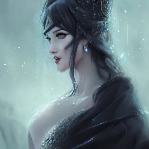 Image similar to beautiful girl, whimsical portrait, ice magic, long face, sharp features, dark hair, dark robe, intricate, elegant, highly detailed, cgsociety, trending on artstation, dnd, castle background, warm light, concept art, illustration