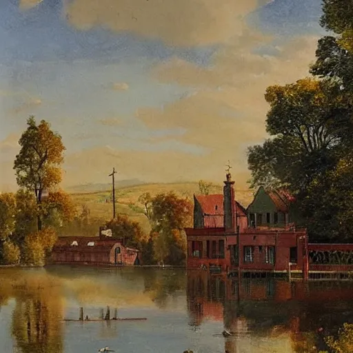 Prompt: painting of a victorian town next to a lake. Highly detailed, well lit