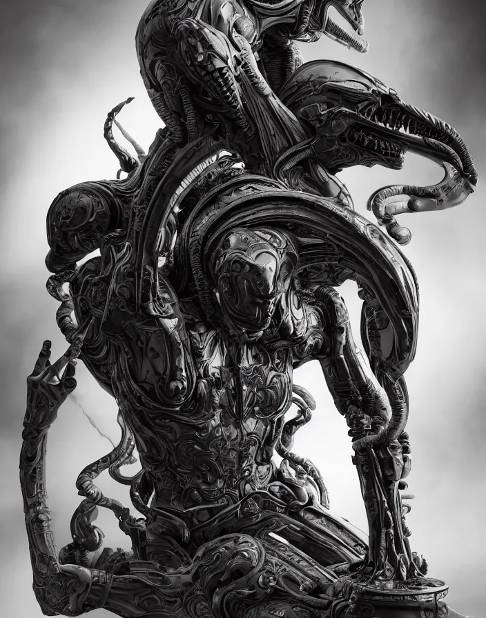 Image similar to engineer prometheus, xenomorph alien, highly detailed, symmetrical long head, smooth marble surfaces, detailed ink illustration, raiden metal gear, cinematic smooth stone, deep aesthetic, concept art, post process, 4k, carved marble texture and silk cloth, latex skin, highly ornate intricate details, prometheus, evil, moody lighting, hr geiger, hayao miyazaki, indsutrial Steampunk