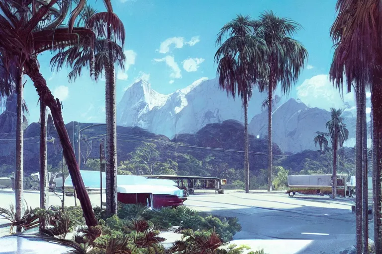 Image similar to natural american landscape | abandoned motel | palm trees | snowy mountains, painting by syd mead and weta studio and moebius and james jean and frank frazetta, highly detailed, rule of third, soft lighting, 8 k resolution, oil on canvas, architectural magazine, beautiful detailed, insanely intricate details, artstation trending, hypermaximalistic, high details, cinematic