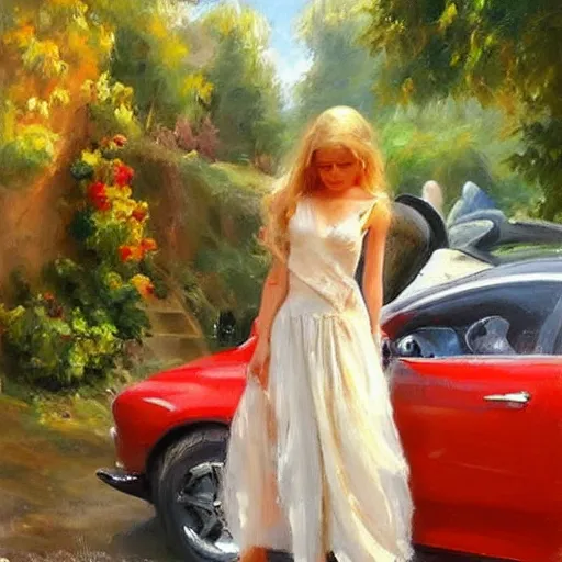 Image similar to painting volegov car blonde woman volcano!!!