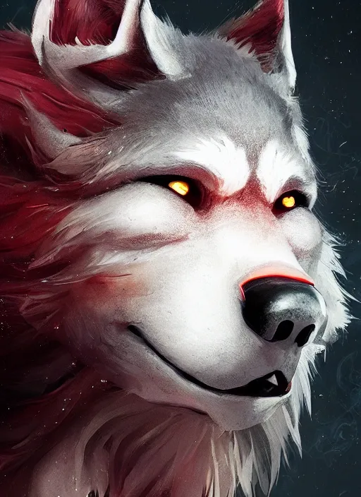 Image similar to beautiful portrait of a black male anthropomorphic wolf fursona long red hair. character design by cory loftis, fenghua zhong, ryohei hase, ismail inceoglu and ruan jia. artstation, volumetric light, highly detailed, photorealistic, fantasy, rendered in octane