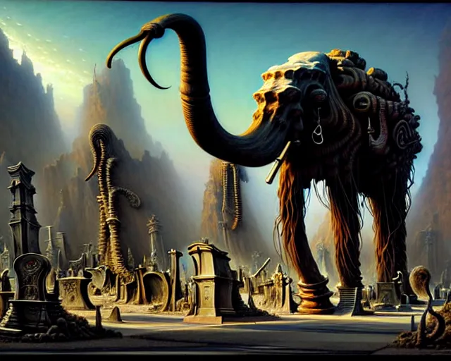 Prompt: street view of a mammoth graveyard, fantasy landscape made of fractals facing each other, ultra realistic, wide angle, intricate details, the fifth element artifacts, highly detailed by peter mohrbacher, hajime sorayama, wayne barlowe, boris vallejo, aaron horkey, gaston bussiere, craig mullins