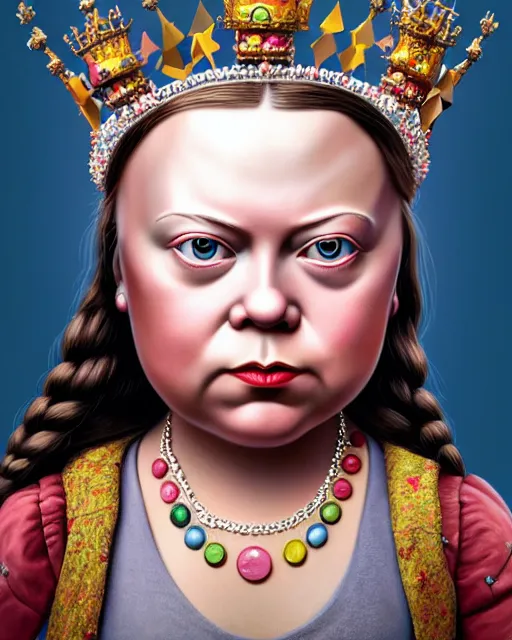 Image similar to closeup profile face portrait of a tin toy greta thunberg as queen victoria wearing a crown and sitting on a throne, bikini, hyper realistic, artstation, illustration, nicoletta ceccoli, mark ryden, lostfish, max fleischer, digital paint, matte paint, vivid colors, bright, cheerful, detailed and intricate environment