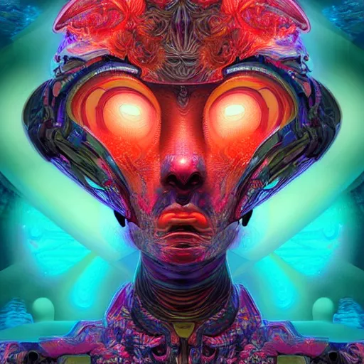 Image similar to Face of a Alien Deity, centered, corals, plume made of geometry, extremly detailed digital painting, sharp focus in the style of android jones, artwork of a futuristic artificial intelligence superstar with frames made of detailed circuits, mystical colors, rim light, beautiful lighting, 8k, stunning scene, raytracing, octane, under water visual distortion, dark tones colors, trending on artstation