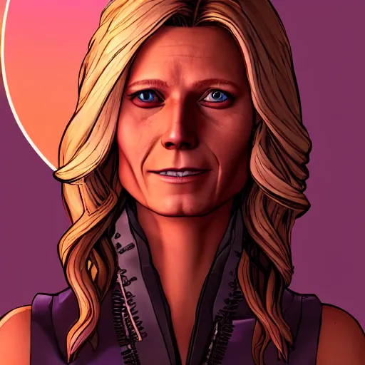 Image similar to gwyneth paltrow portrait, borderlands, tales from the borderlands, the wolf among us, comic, cinematic lighting, studio quality, 8 k