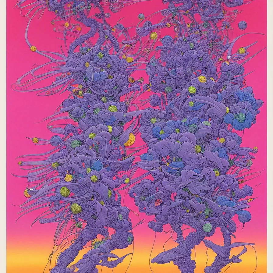 Image similar to ( ( ( ( beautiful flowers in a strange planet ) ) ) ) by mœbius!!!!!!!!!!!!!!!!!!!!!!!!!!!, overdetailed art, colorful, artistic record jacket design