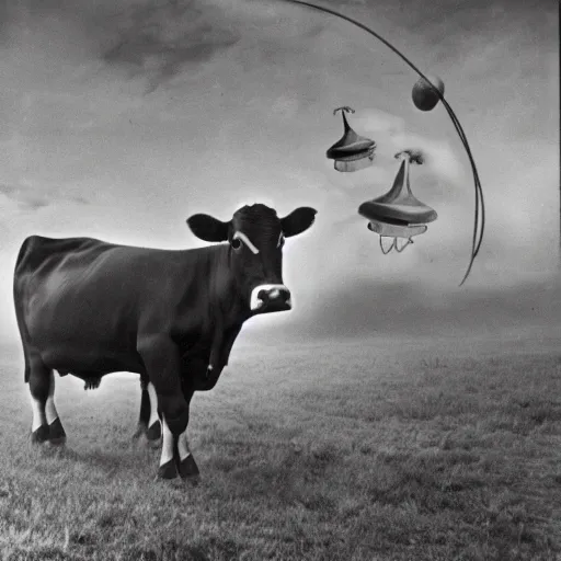 Prompt: vintage photograph from the 1 9 3 0 s of a cow being abducted by aliens shot from the ground