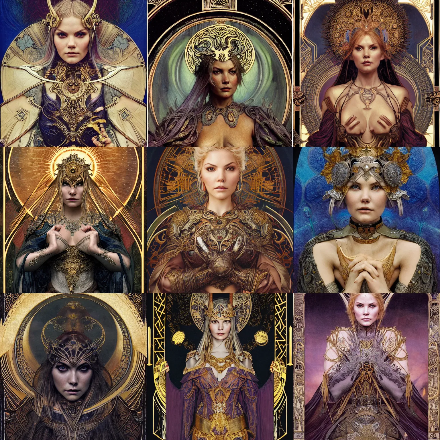 Prompt: Elisha Cuthbert as a Elden Ring warrior masterpiece, art nouveau tarot style, intricate medieval armour, centred symmetrical portrait, shoulders and head, golden halo behind her head, by Edgar Maxence, Ross Tran, distaw Beksinski, Michael Whelan, gustav dore, H.R. Giger, and Mucha, 8k, octane render